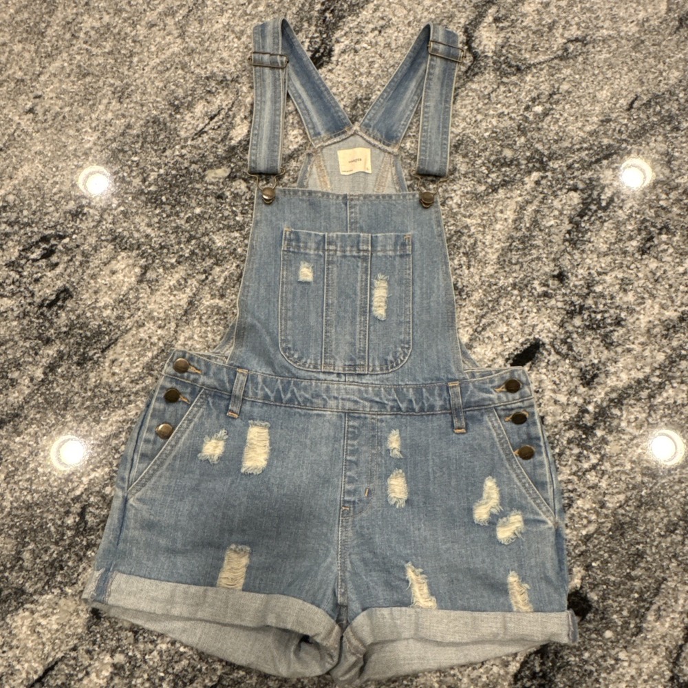 Harper Women's Overall Shorts Blue Jeans Shortall Distressed Light Blue / Small